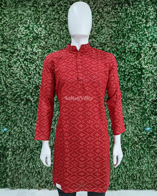 Red Pasapali Sambalpuri Ikat Cotton Long Kurta For Men