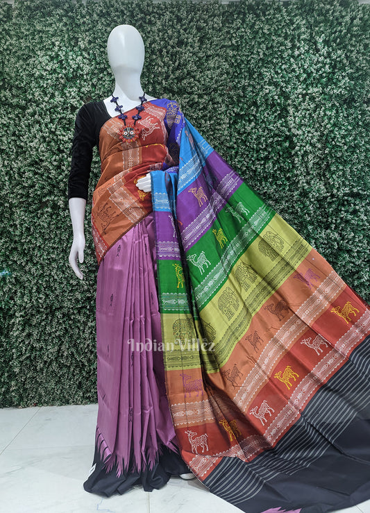 Onion Pink Black with Fish Motif Double Pallu Berhampuri Silk Saree