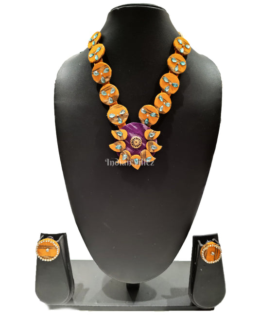 Yellow Purple Coin Shape Sambalpuri Fabric Choker Jewellery - Necklace & Earrings Set