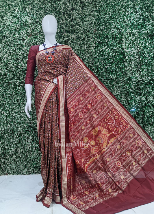 Golden Maroon Elephant Theme Sambalpuri Silk Saree