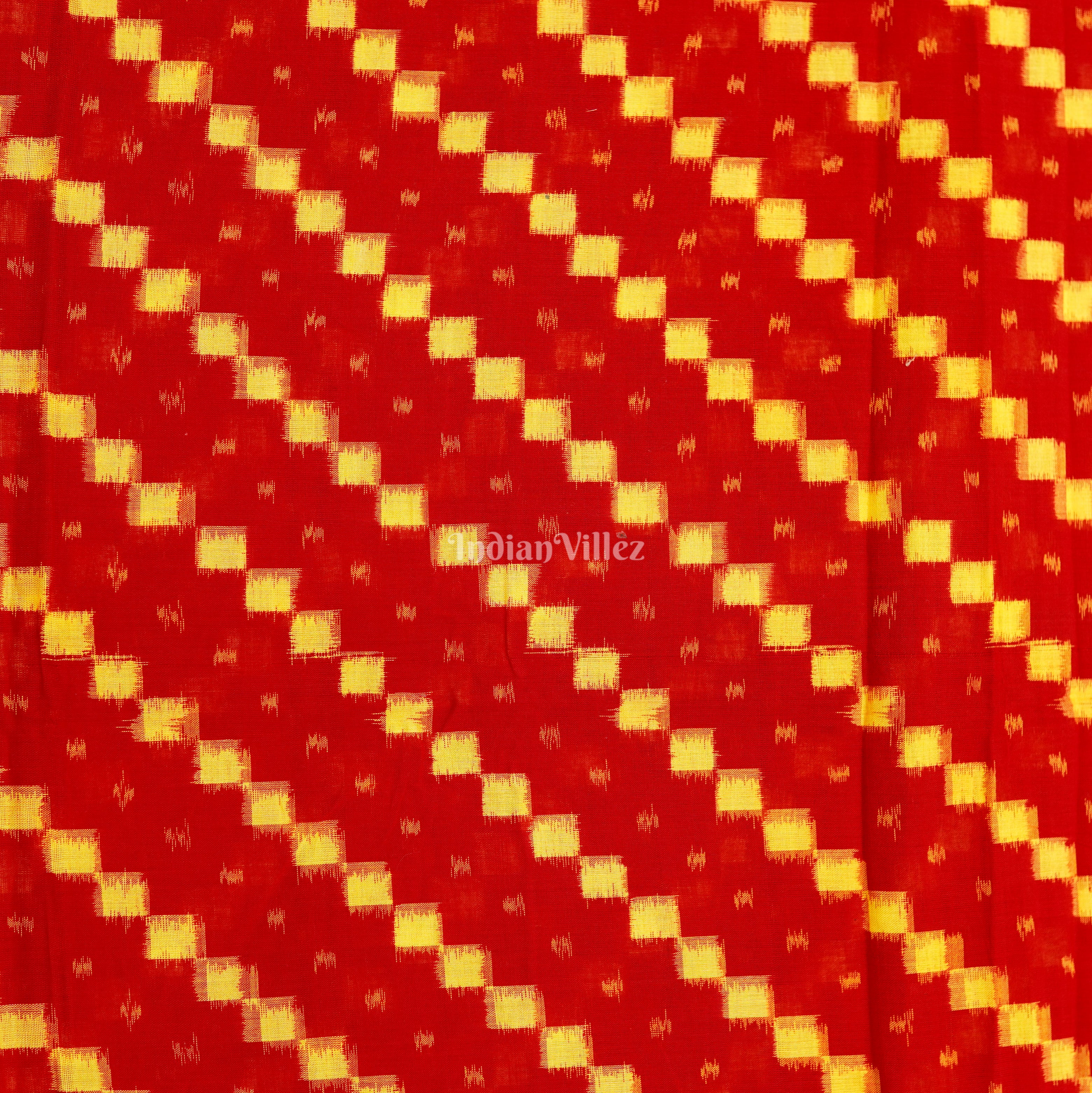 Red With Yellow Squre Design Sambalpuri Ikat  Cotton Fabric