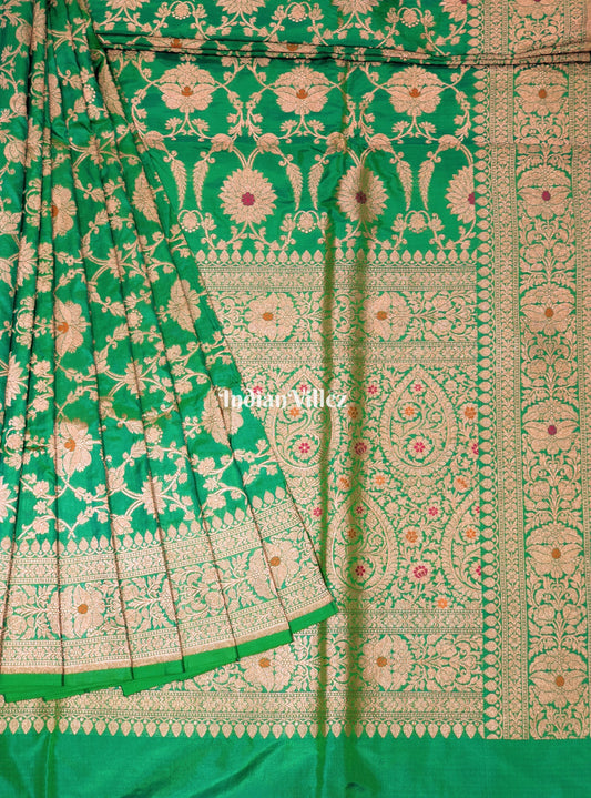 Parrot Green Floral Meenakari Banarasi Katan Silk Saree 