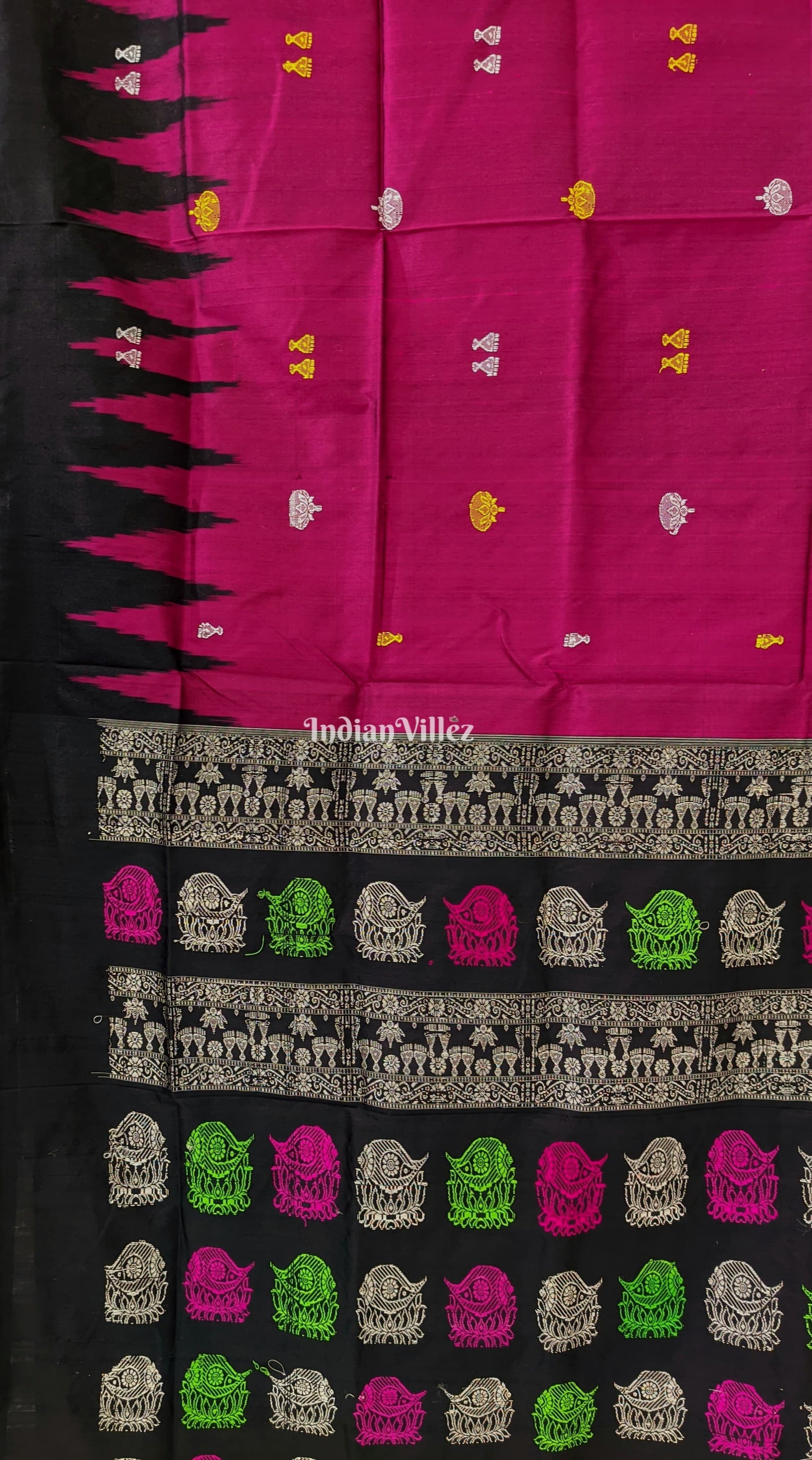 Magenta Laxmi Pada and Lotus Motif Bomkai Silk Saree