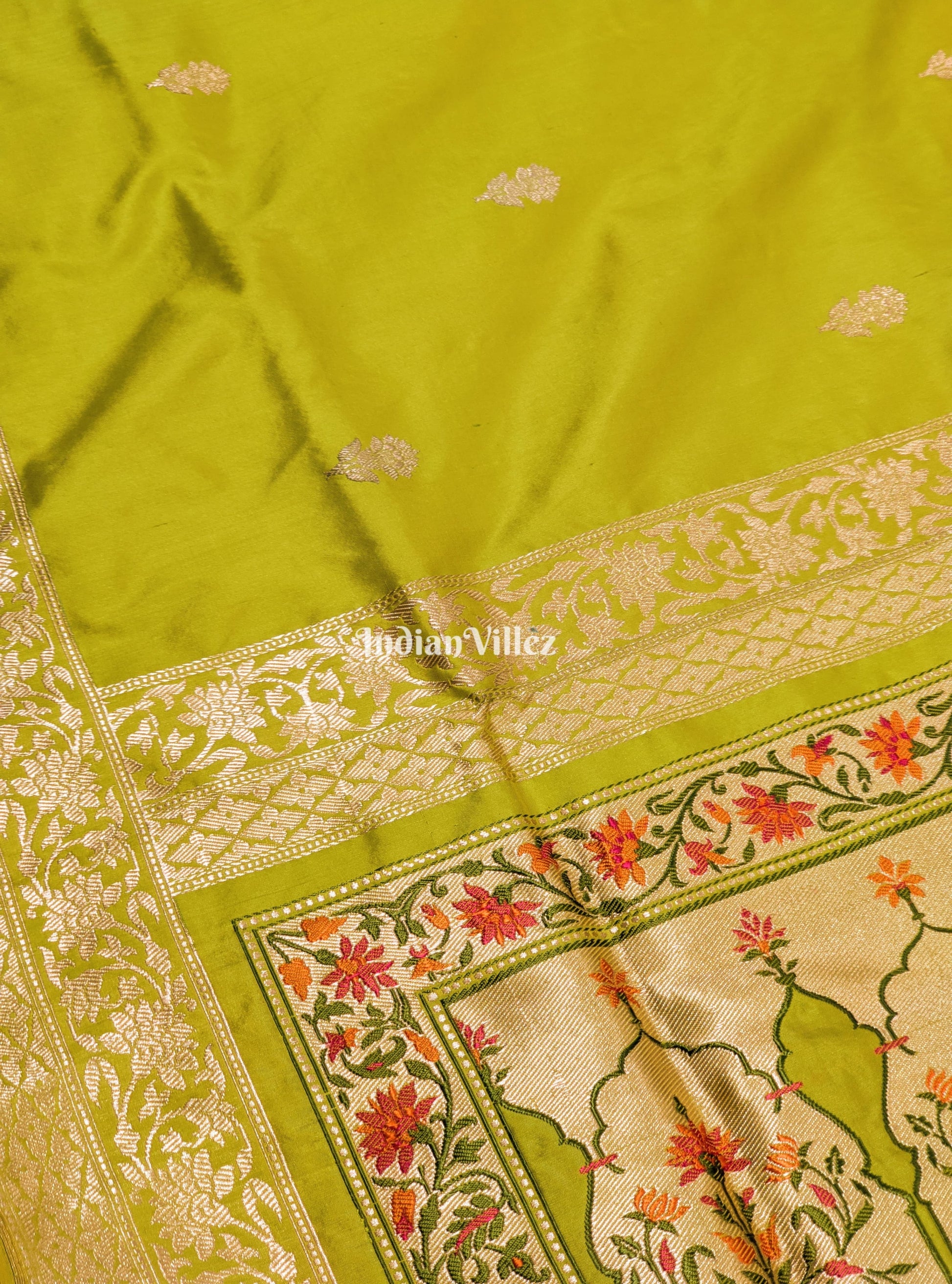 Lime Green Designer Banarasi Katan Silk Saree