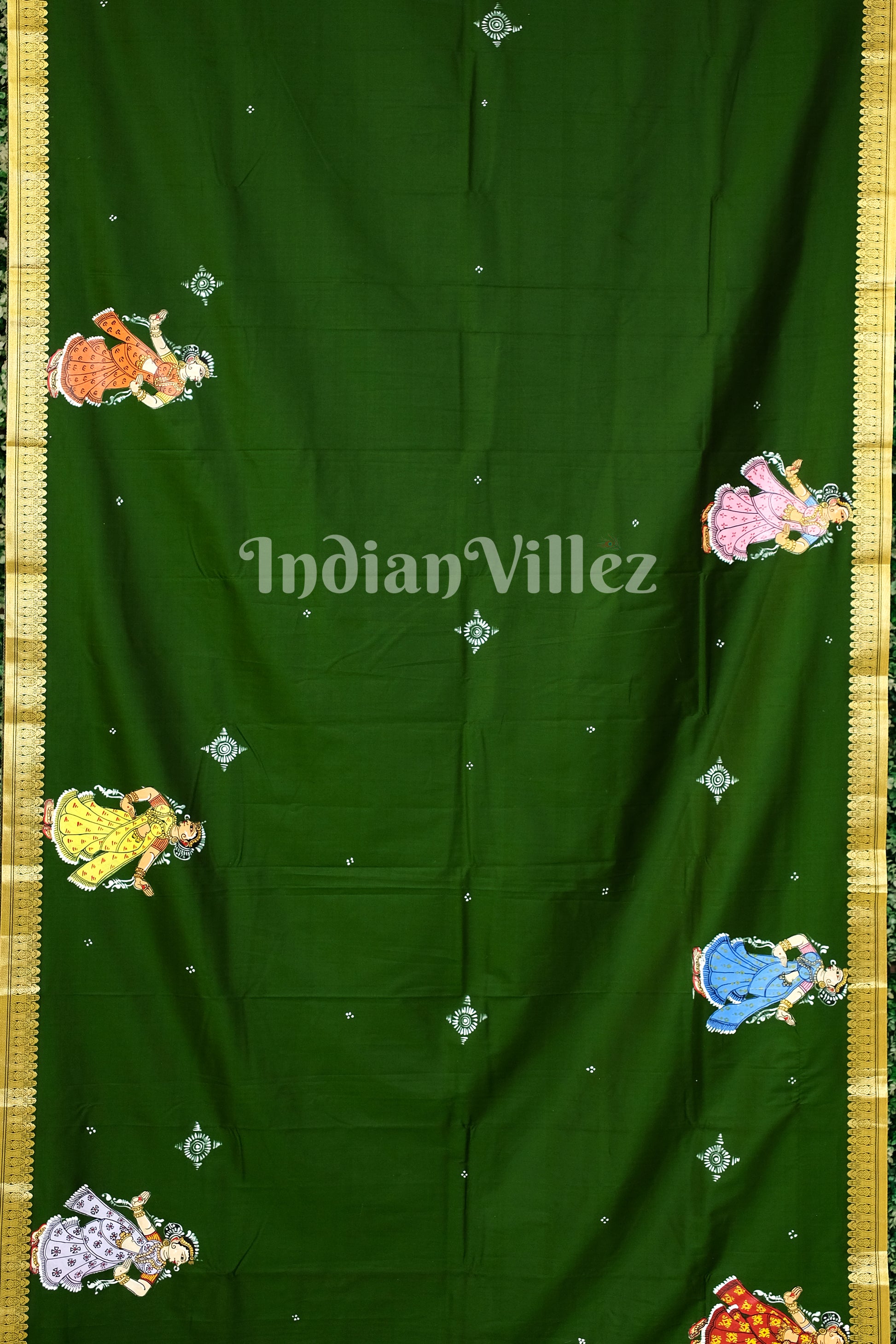 Hunter Green Village Theme Pattachitra Art on Kerala Silk Saree