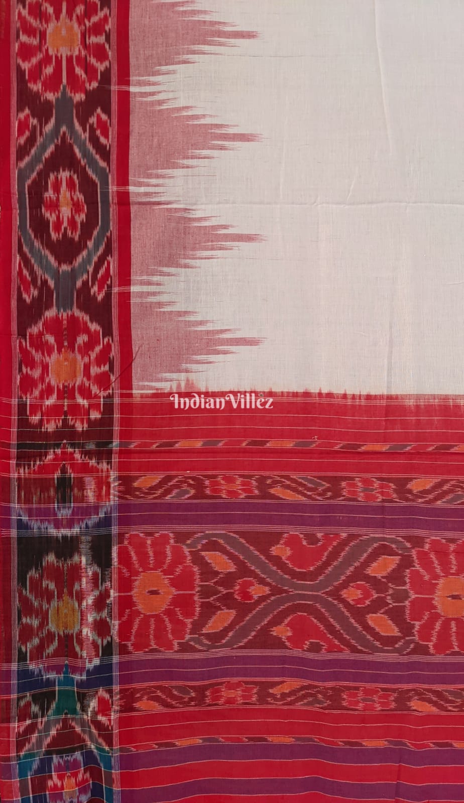 White Red Odisha Ikat Sambalpuri Cotton Saree