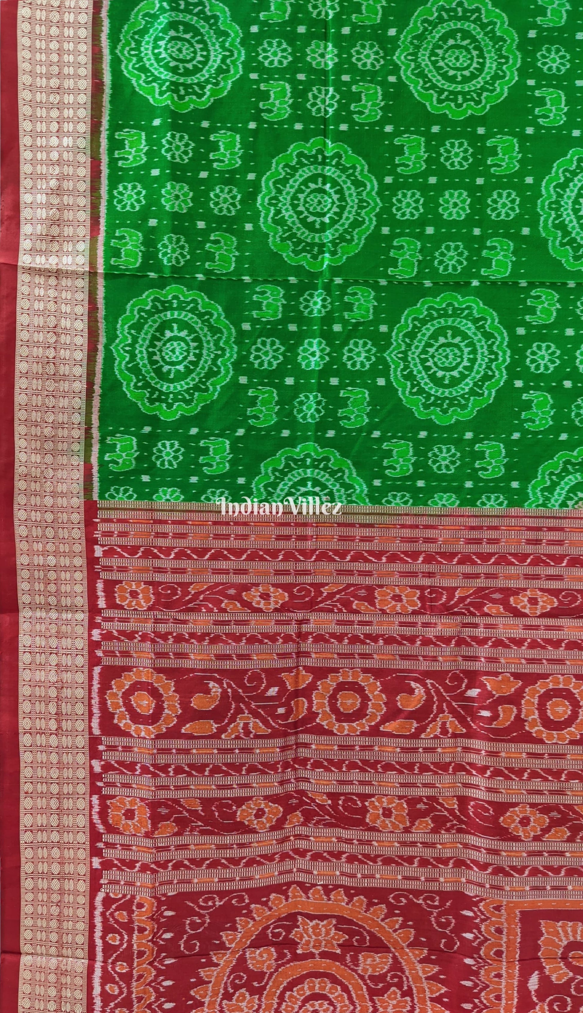 Green Red Elephant & Flower motif  Sambalpuri Ikat Silk Saree