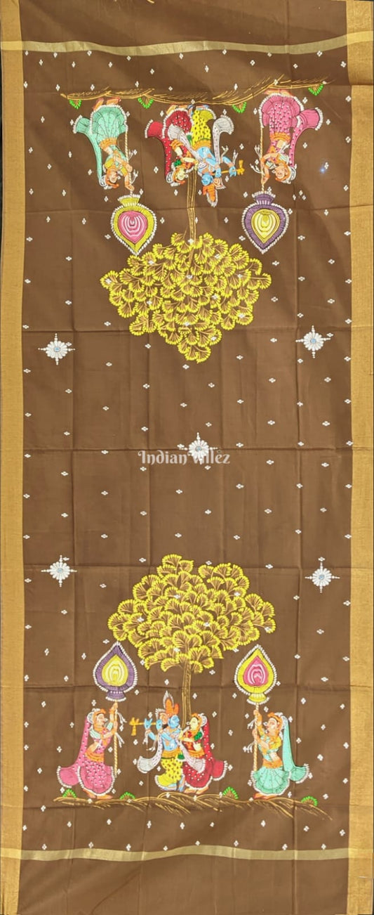 Peanut Brown Radha Krishna Pattachitra Art on Chanderi Dupatta