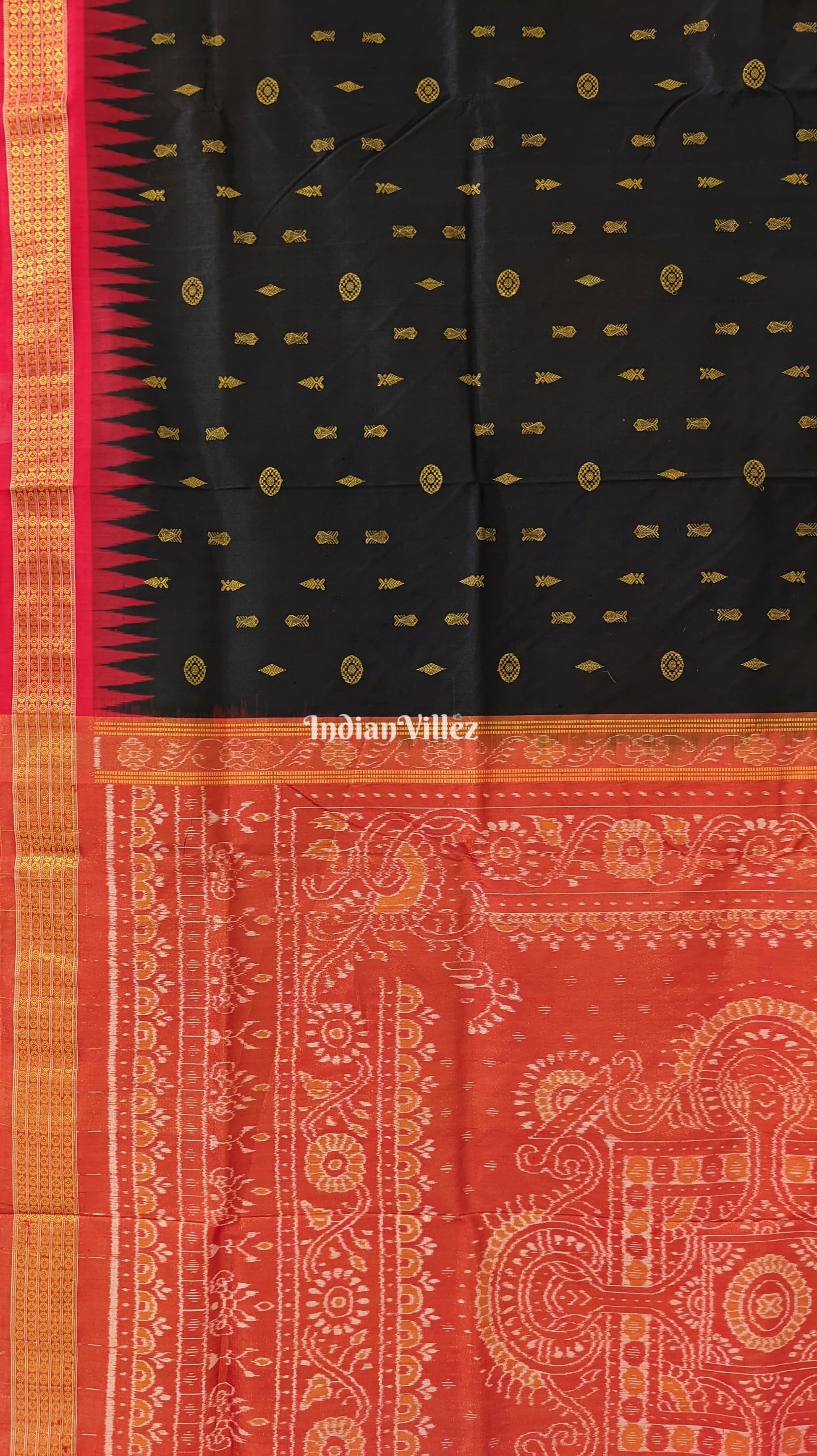 Black Red Fish Motif Sambalpuri Silk Saree with Tissue Anchal