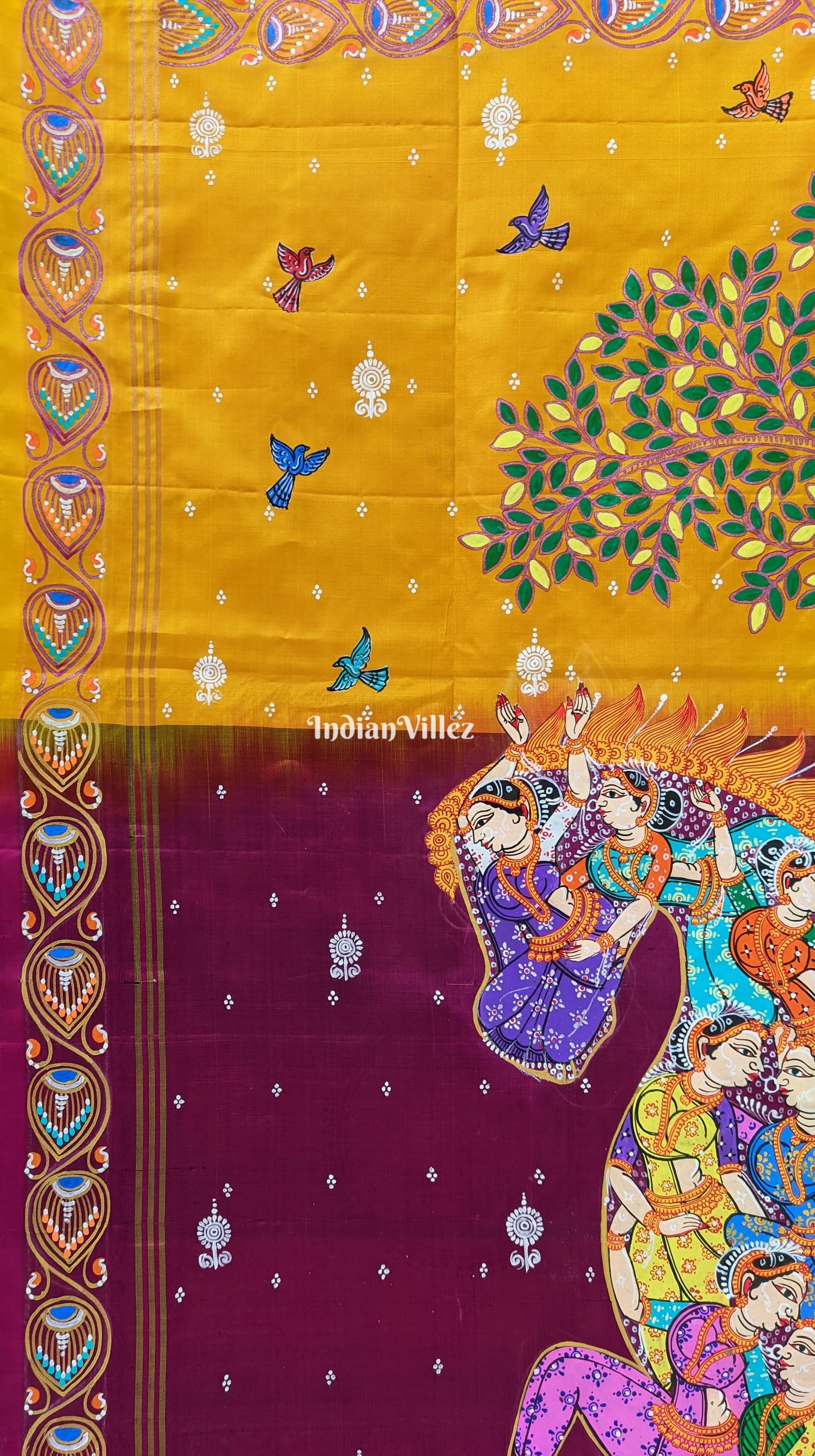 Yellow Kandarpa Ashwa (Horse) Pattachitra Silk Saree