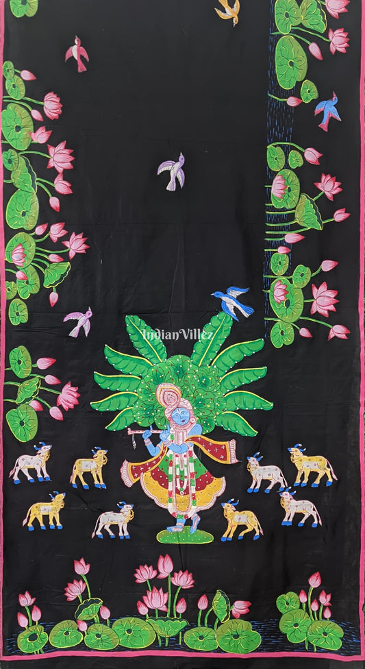 Black Pattachitra Pichwai Art on Mulberry Silk Saree