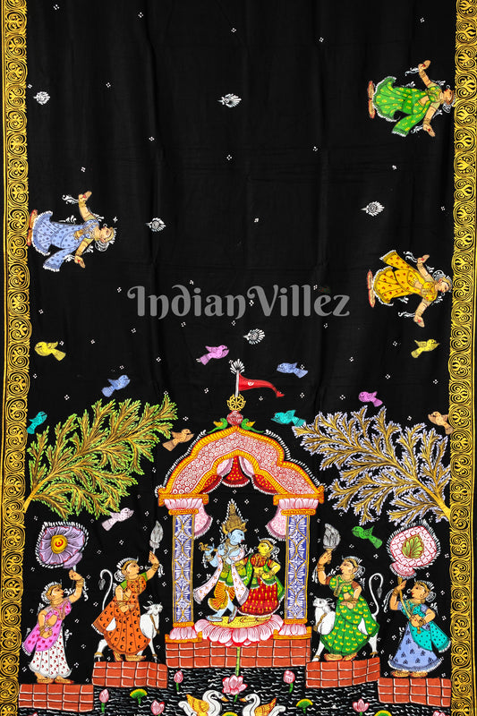 Black Radha Krishna Pattachitra Khadi Silk Saree