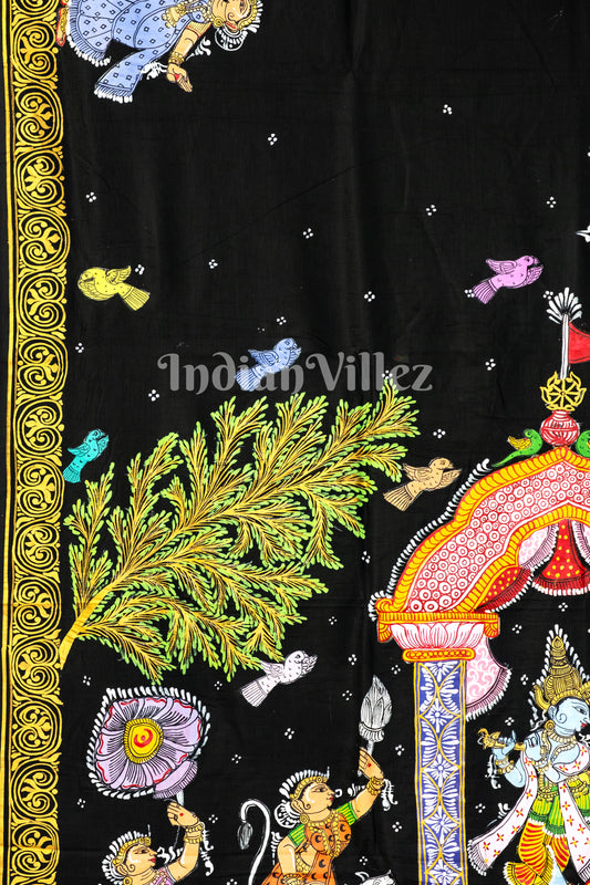 Black Radha Krishna Pattachitra Khadi Silk Saree