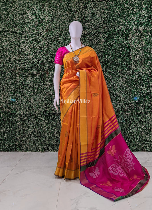 Mustard Orange with Rani Handwoven Soft Silk Saree