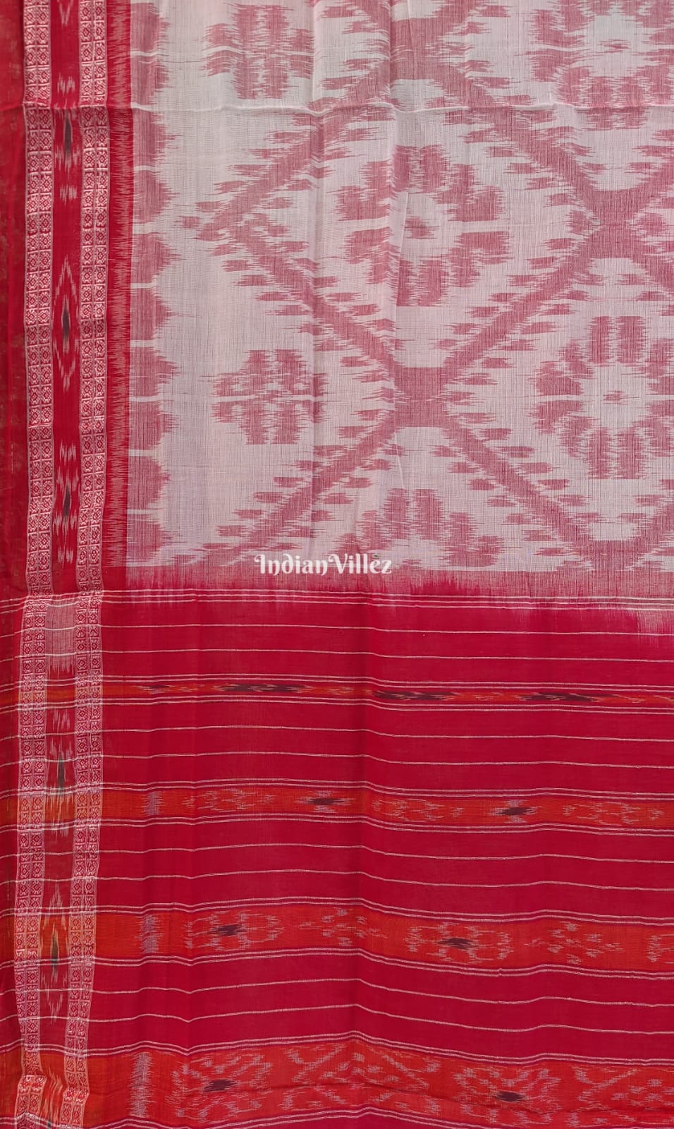 Off White Maroon Maniabandha Odisha Ikat Cotton Saree