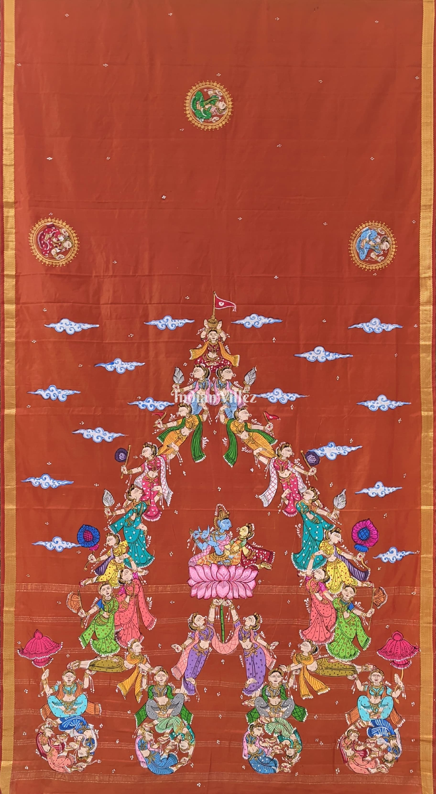 Rust Kandarpa Rath Pattachitra Art on Pure Kanjivaram Silk Saree