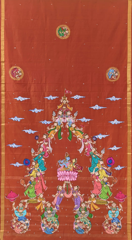 Rust Kandarpa Rath Pattachitra Art on Pure Kanjivaram Silk Saree