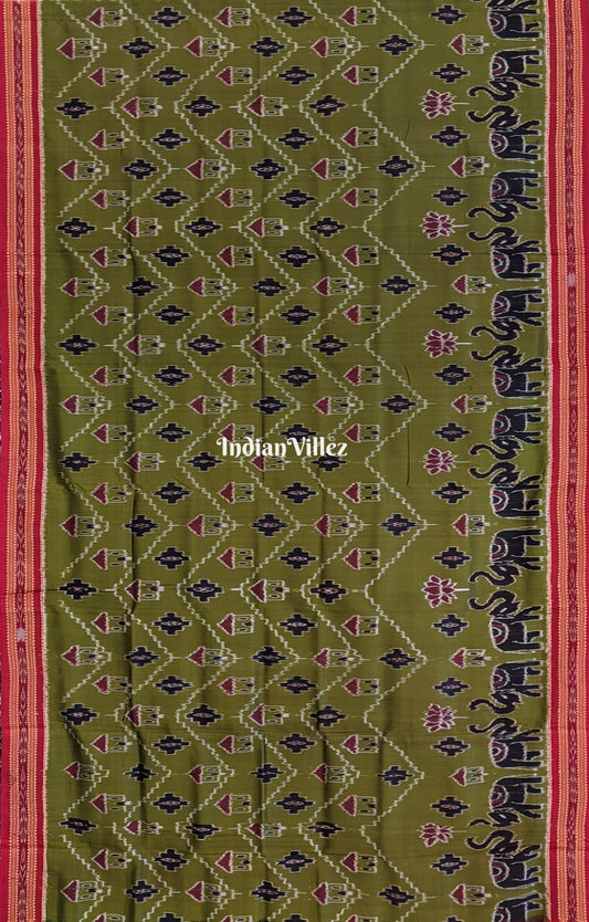 Jungle Green Tribal Elephant Odisha Ikat Khandua Silk Saree