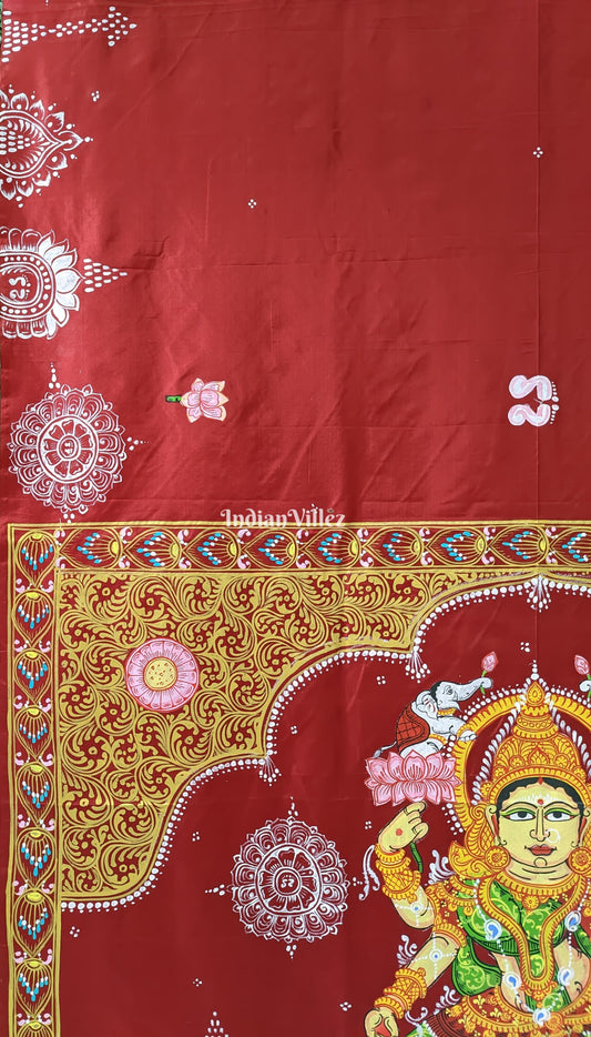 Maroon Maa Laxmi Pattachitra Pure Silk Saree