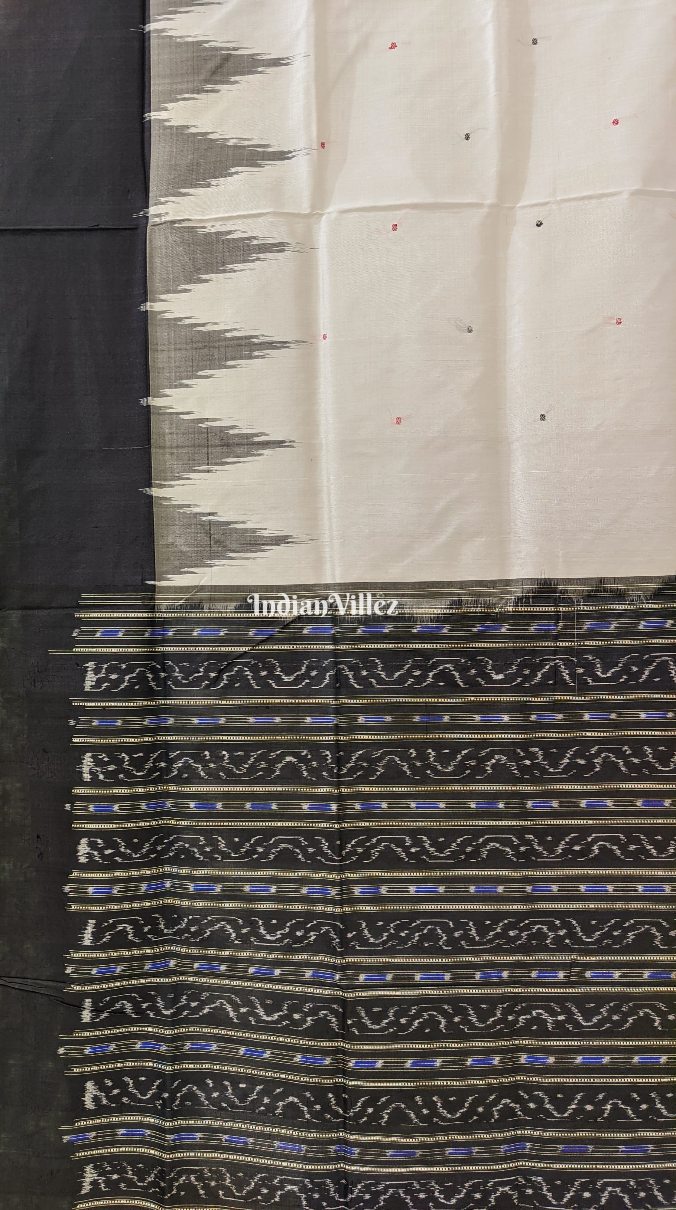 White Black Small Butta Sambalpuri Bomkai Silk Saree