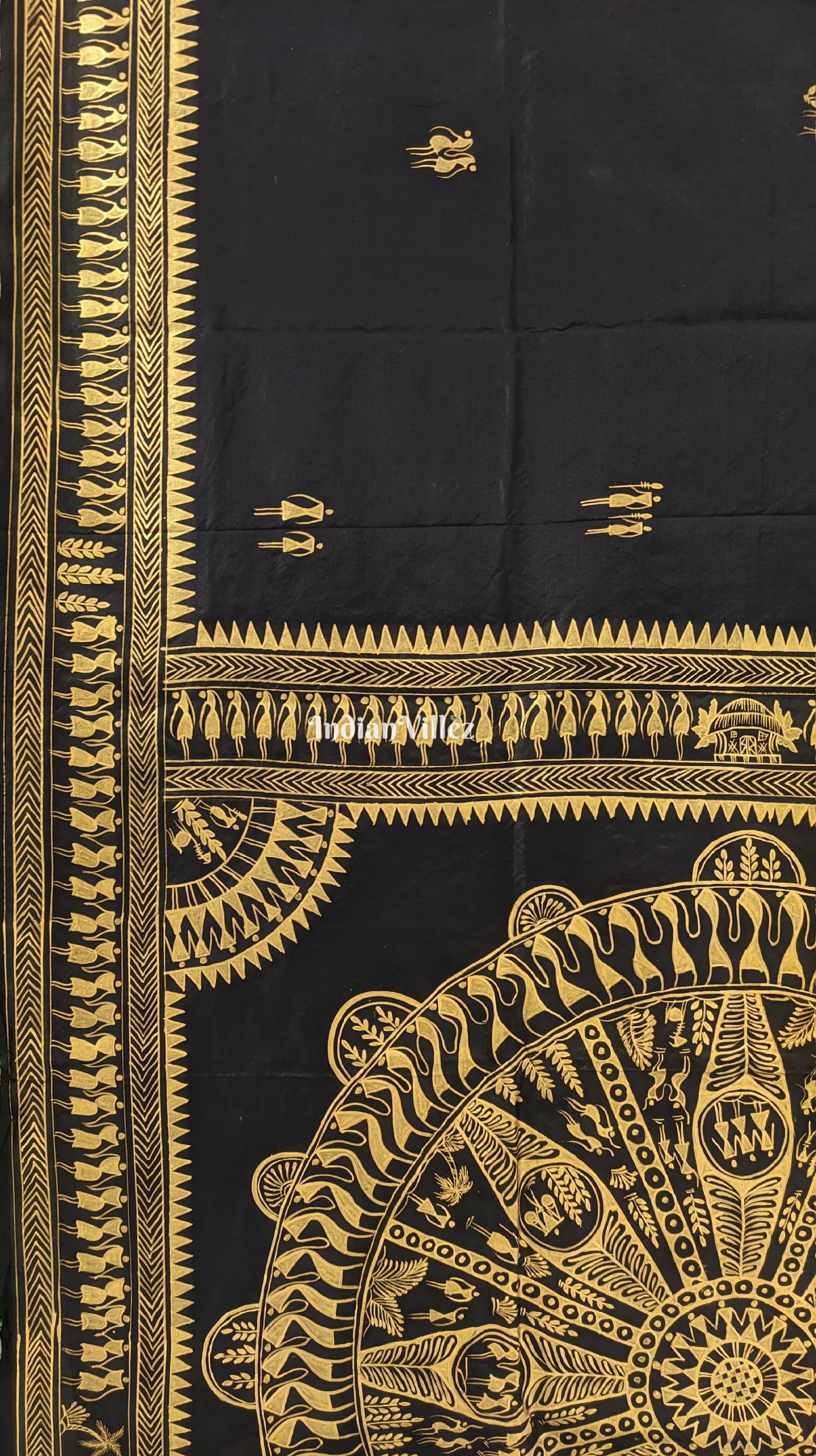 Black Tribal Konark Chakra Pattachitra Silk Saree