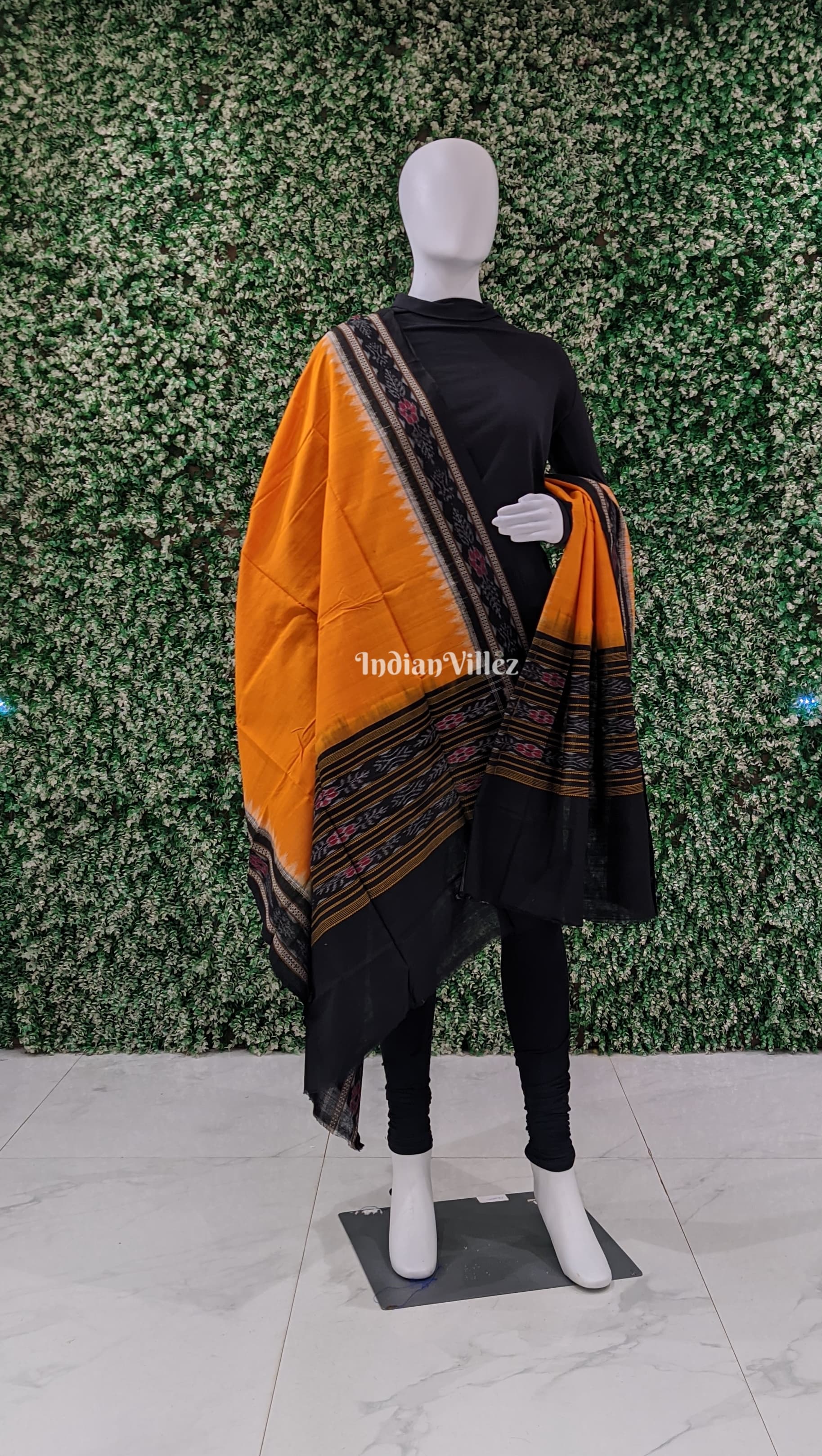 Yellow Black Handwoven Odisha Ikat Cotton Dupatta