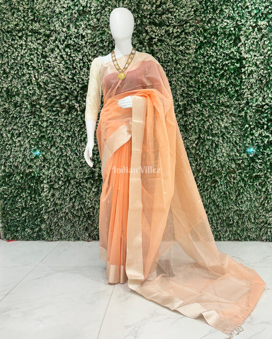 Light Peach Maheshwari Handloom Cotton*Silk Saree