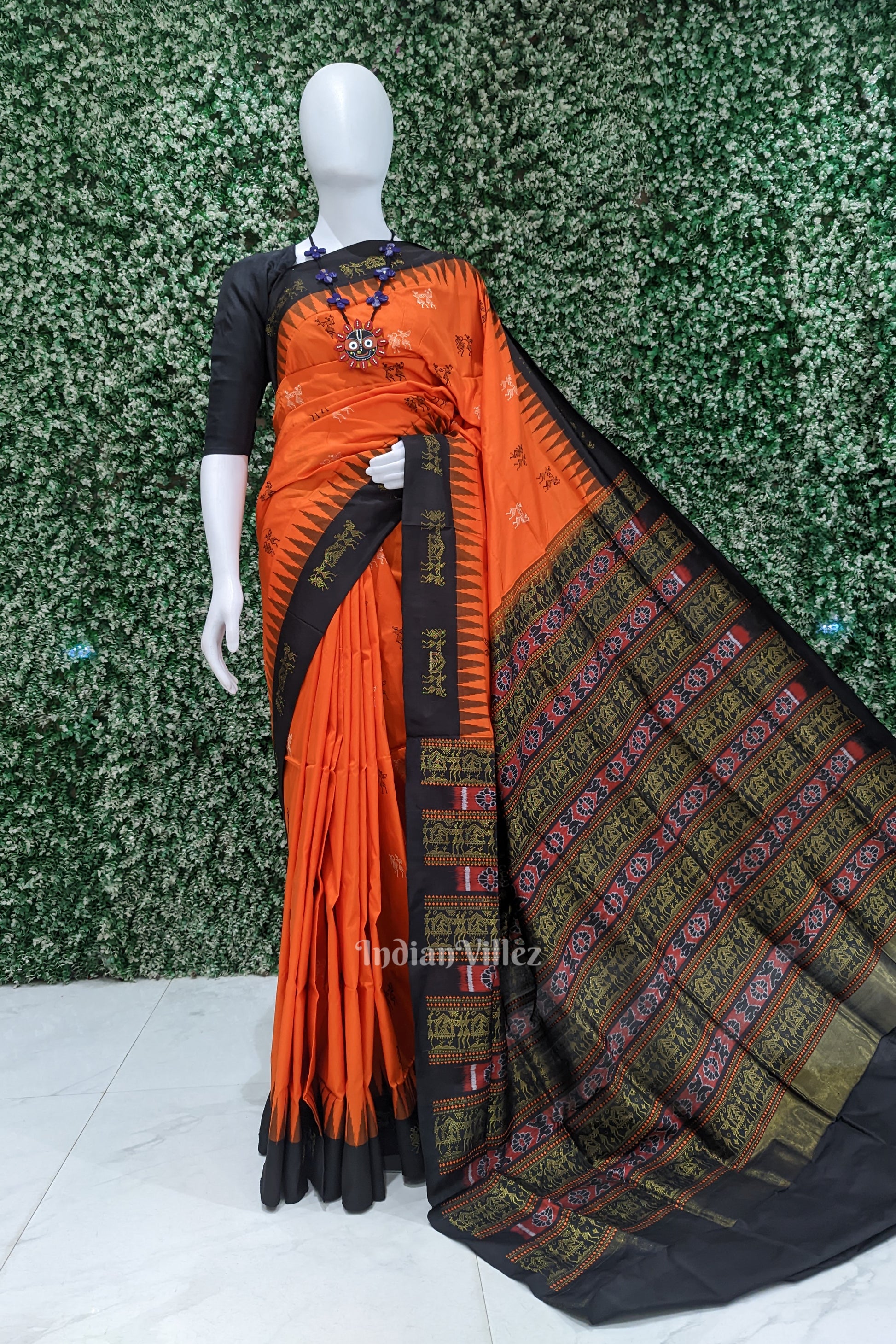 Orange Tribal Doli Sambalpuri Ikat Bomkai Silk Saree