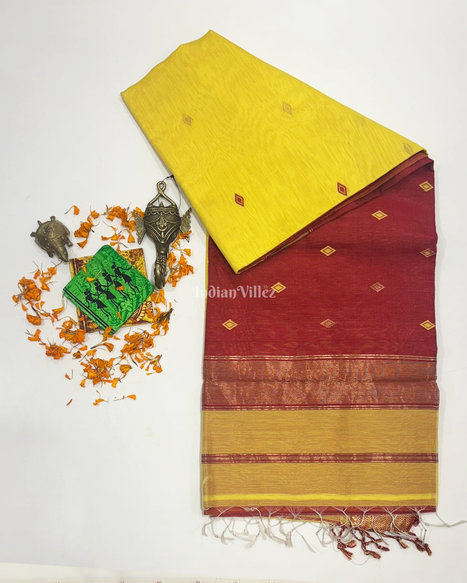 Yellow Maheshwari Handloom Saree