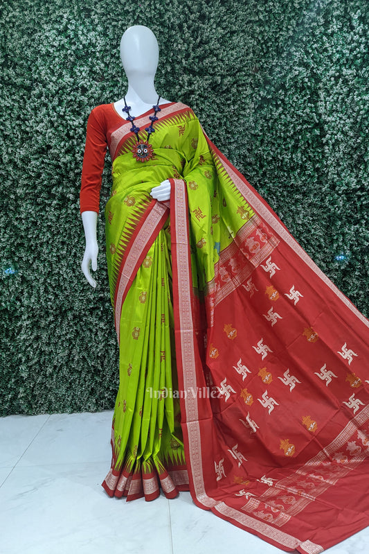 Lime Green & Red Swastik & Kumbha Design Sambalpuri Saree