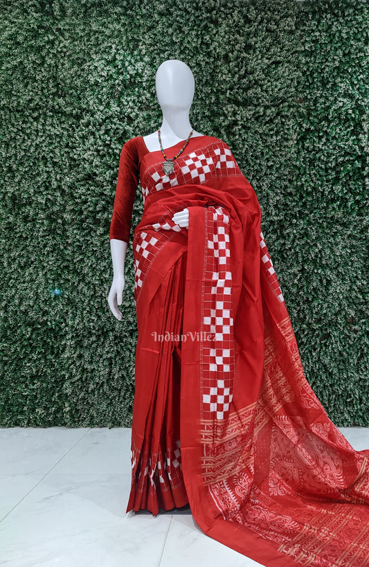 Pure Red Odisha Ikat Contemporary Silk Saree With Pasapali Theme