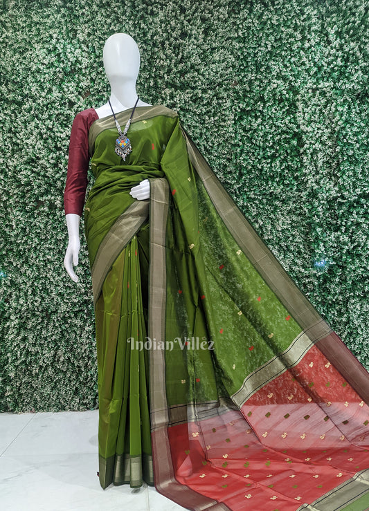 Mehendi Green  Red Maheshwari Pure Silk Cotton Maheswari Saree