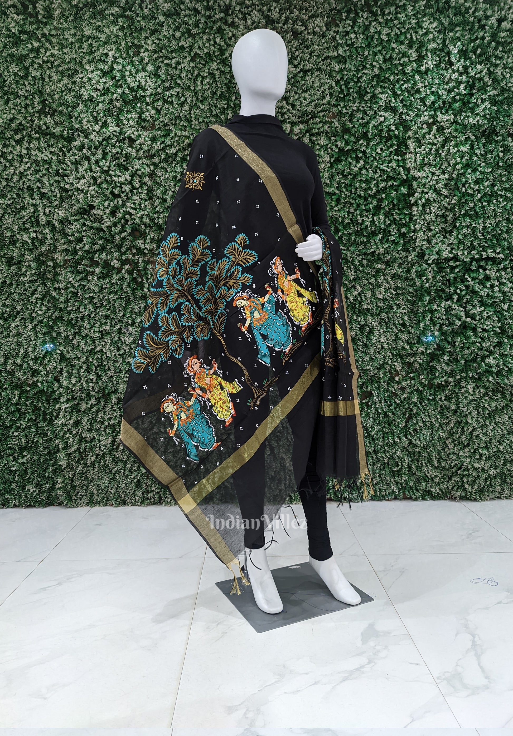 Black Nartaki Theme Pattachitra Chanderi Dupatta