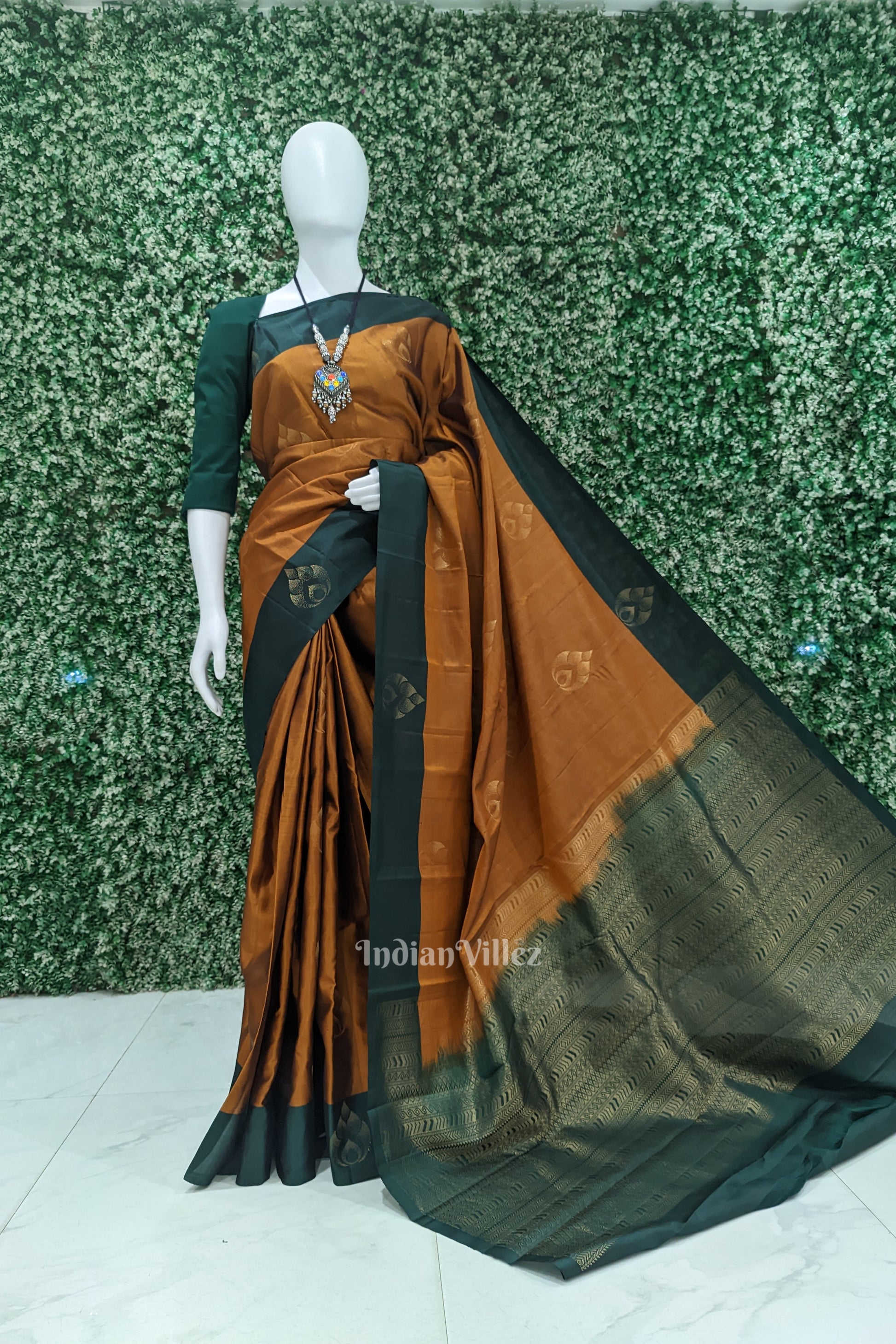 Copper With Green Pure Kanjivaram Soft Silk Saree