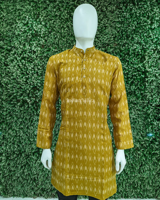 Mustard Yellow Sambalpuri Ikat Cotton Long Kurta For Men