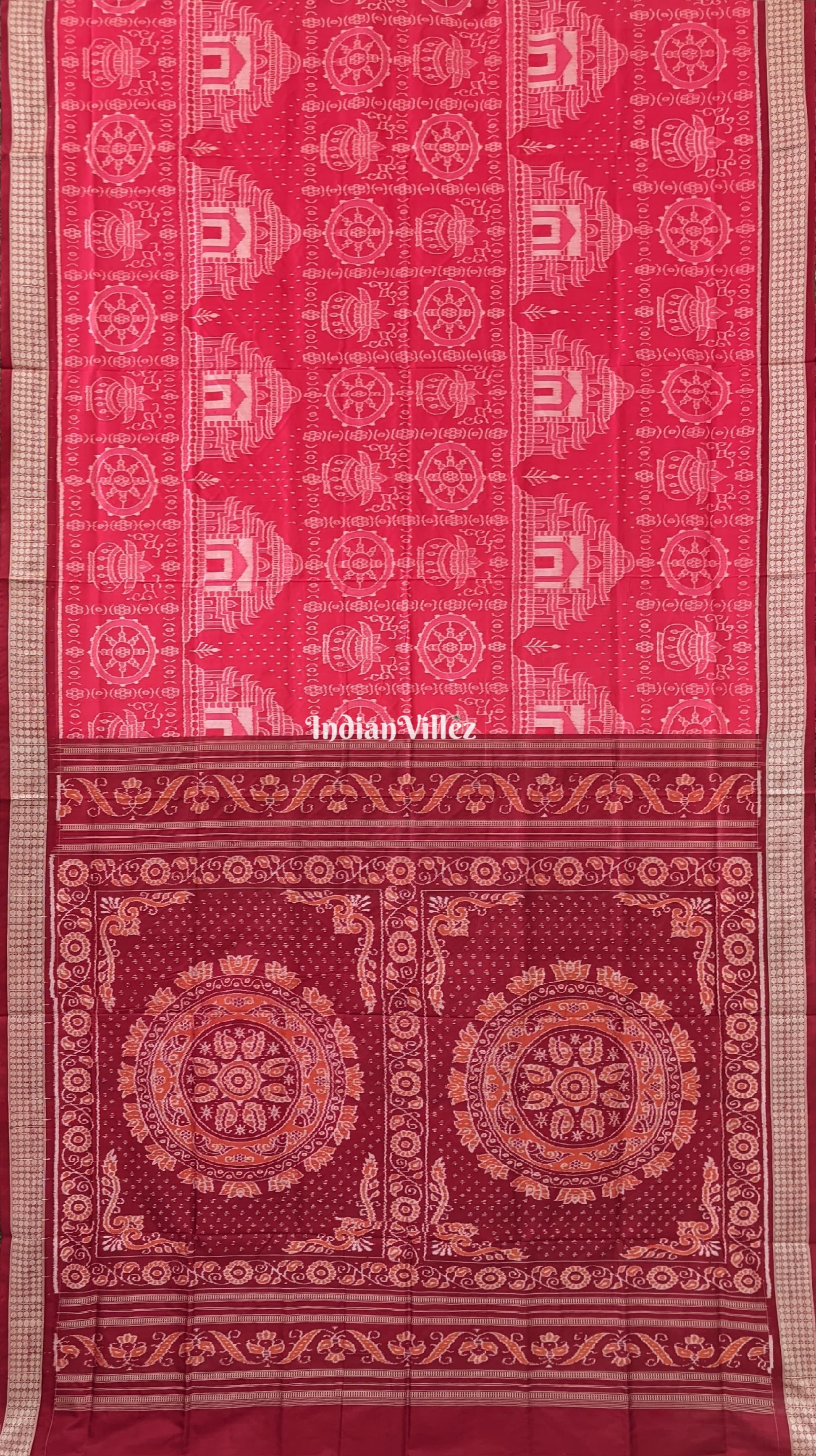 Reddish Orange Konark Theme Sambalpuri Ikat Silk Saree