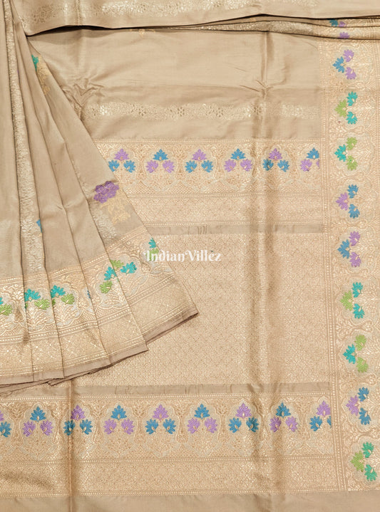 Silver Grey Meenakari Designer Banarasi Katan Silk Saree