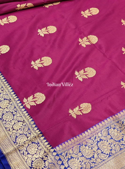 Maroon Blue with Flower Motif Banarasi Katan Silk Saree