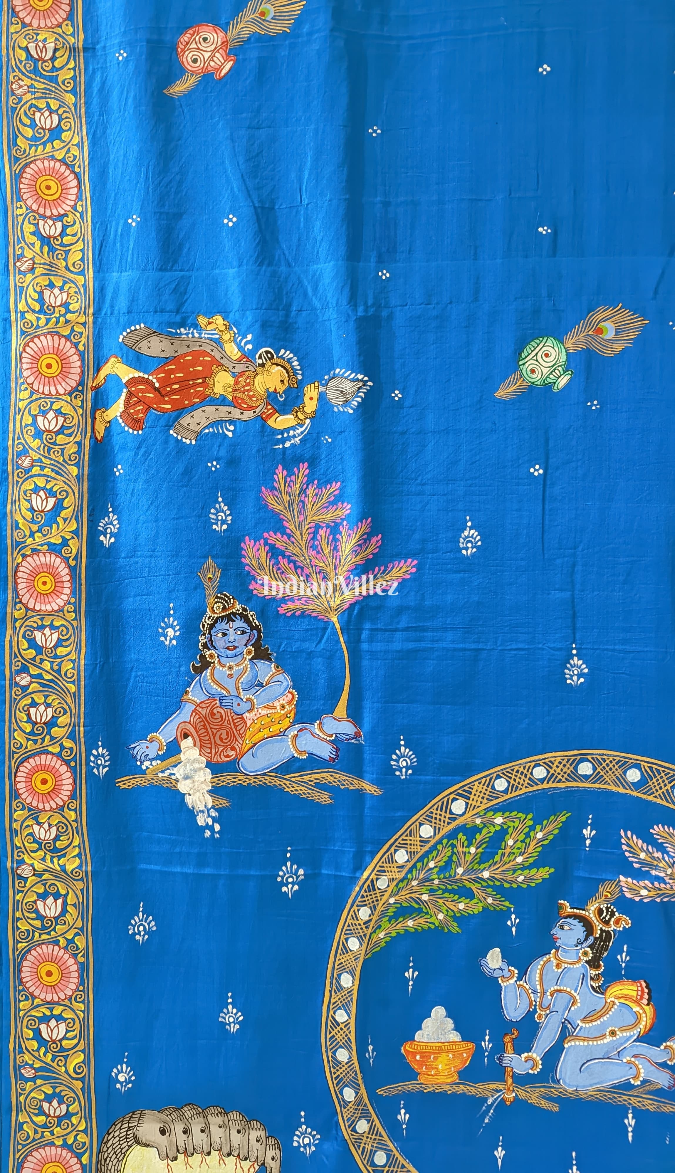 Peacock Blue Krishna Janmashtami Theme Pattachitra Silk Saree