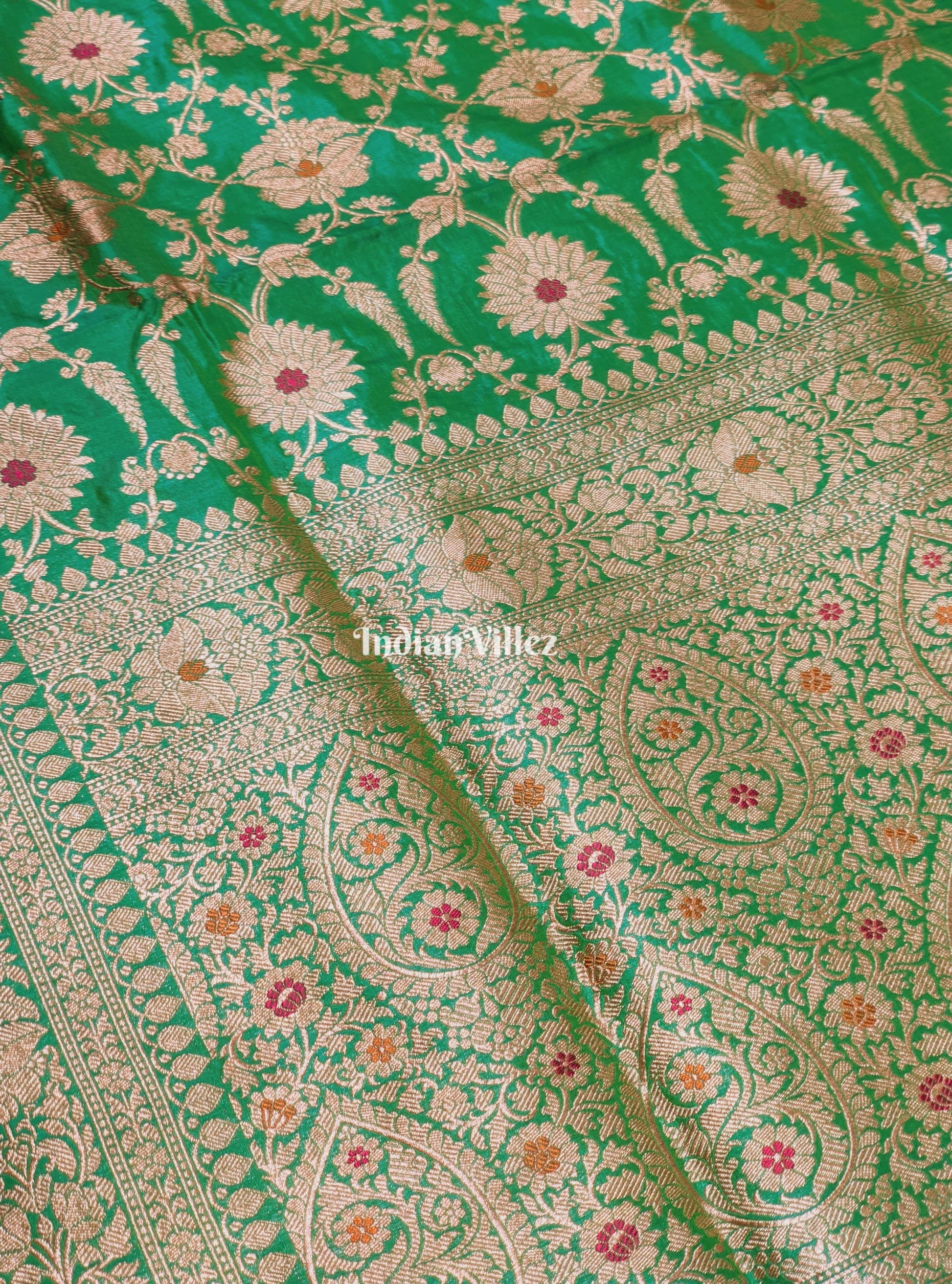 Parrot Green Floral Meenakari Banarasi Katan Silk Saree 