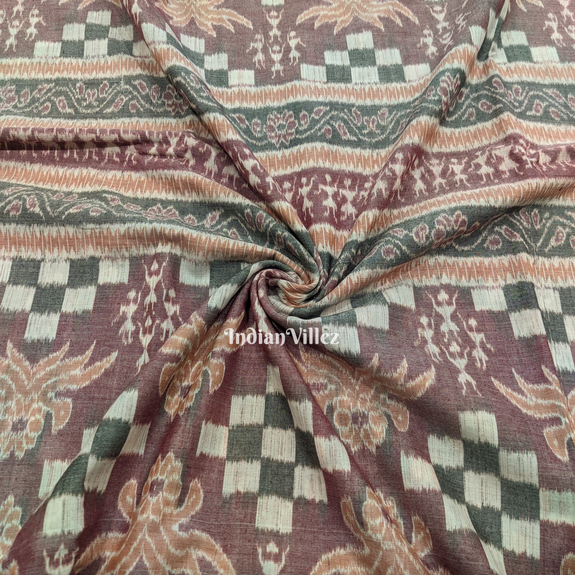 Peach Pasapali Sambalpuri Ikat Cotton Fabric