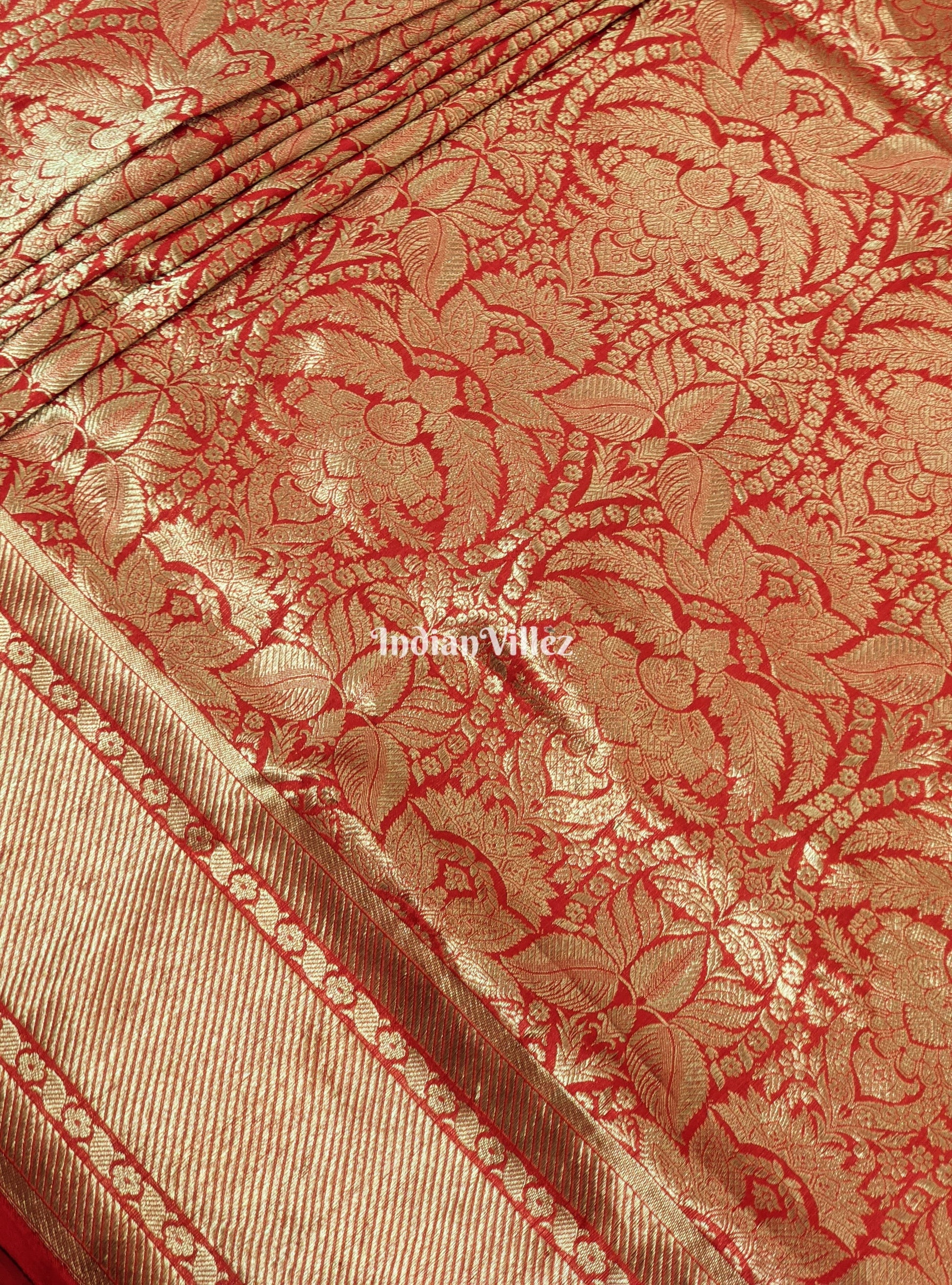 Red Floral Designer Banarasi Katan Saree