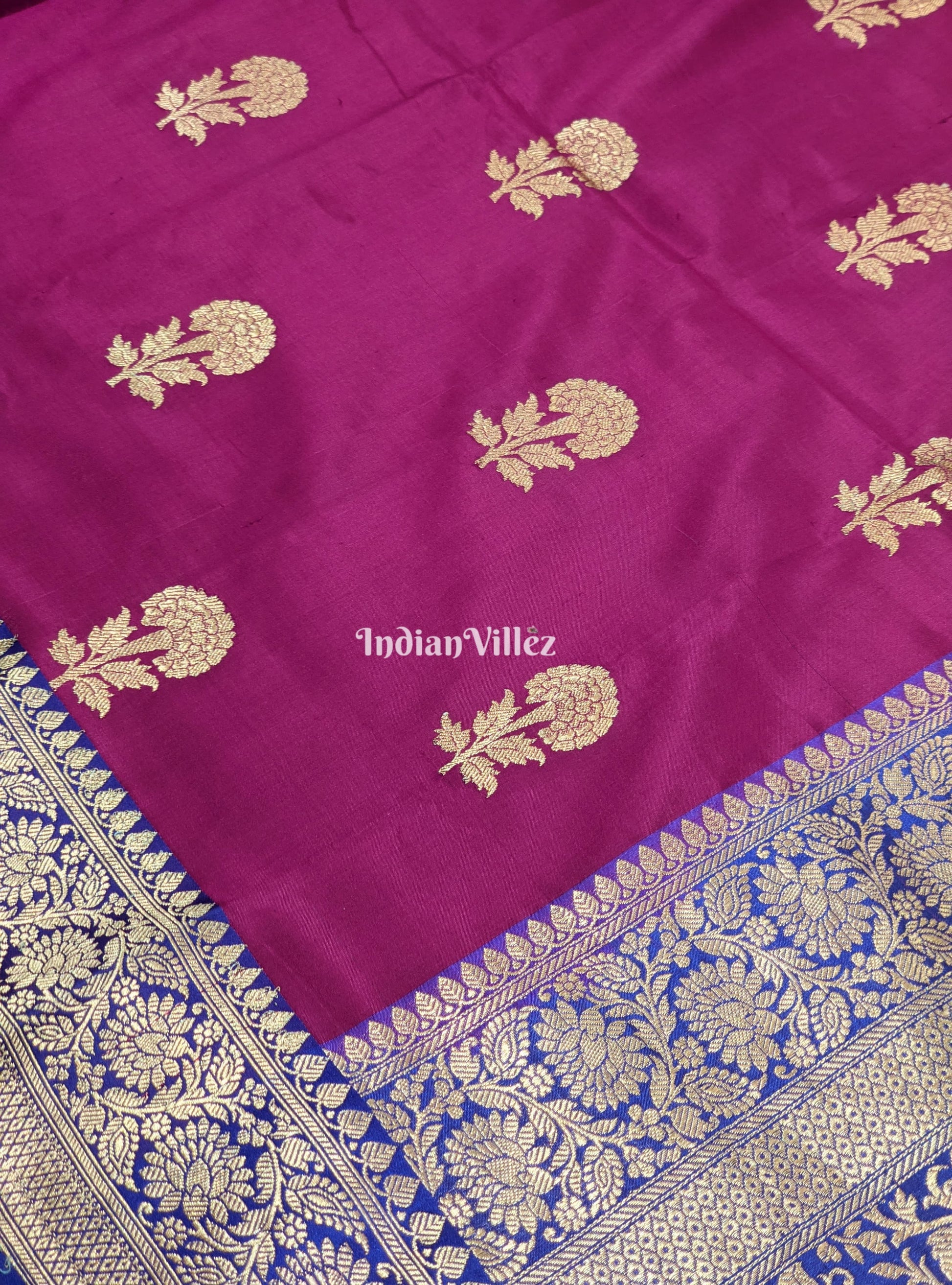 Purple Flower Motif Banarasi Katan Silk Saree