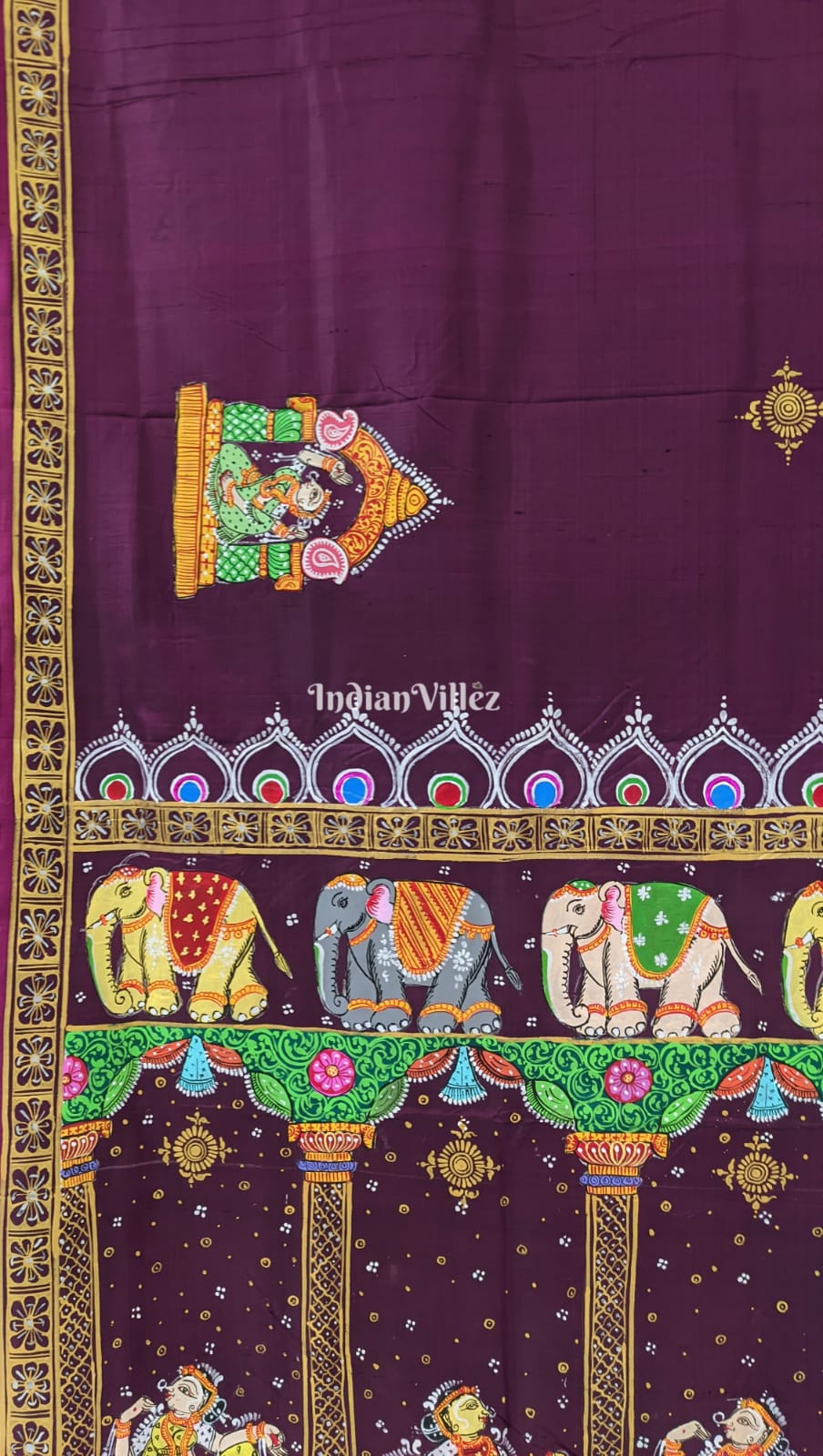 Wine Color Elephant Nartaki Pattachitra Pure Silk Saree