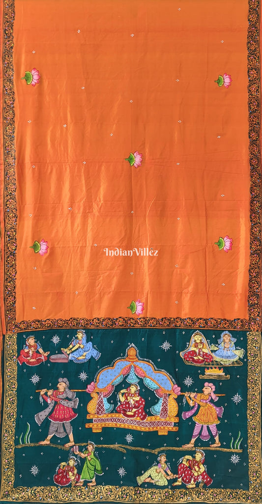 Orange Rama Green Doli Barat Design Pattachitra Saree