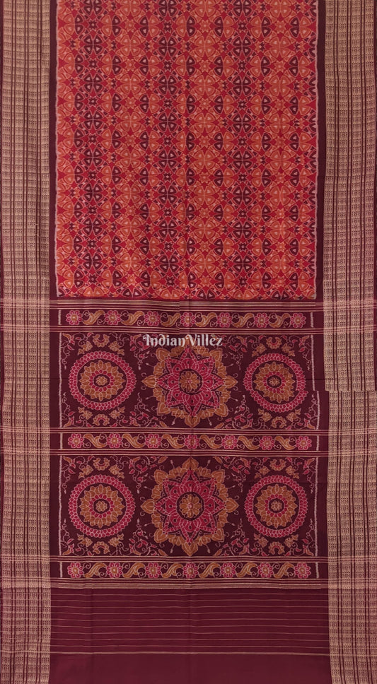 Brick Red Base Flower Design Sambalpuri Pure Cotton Saree