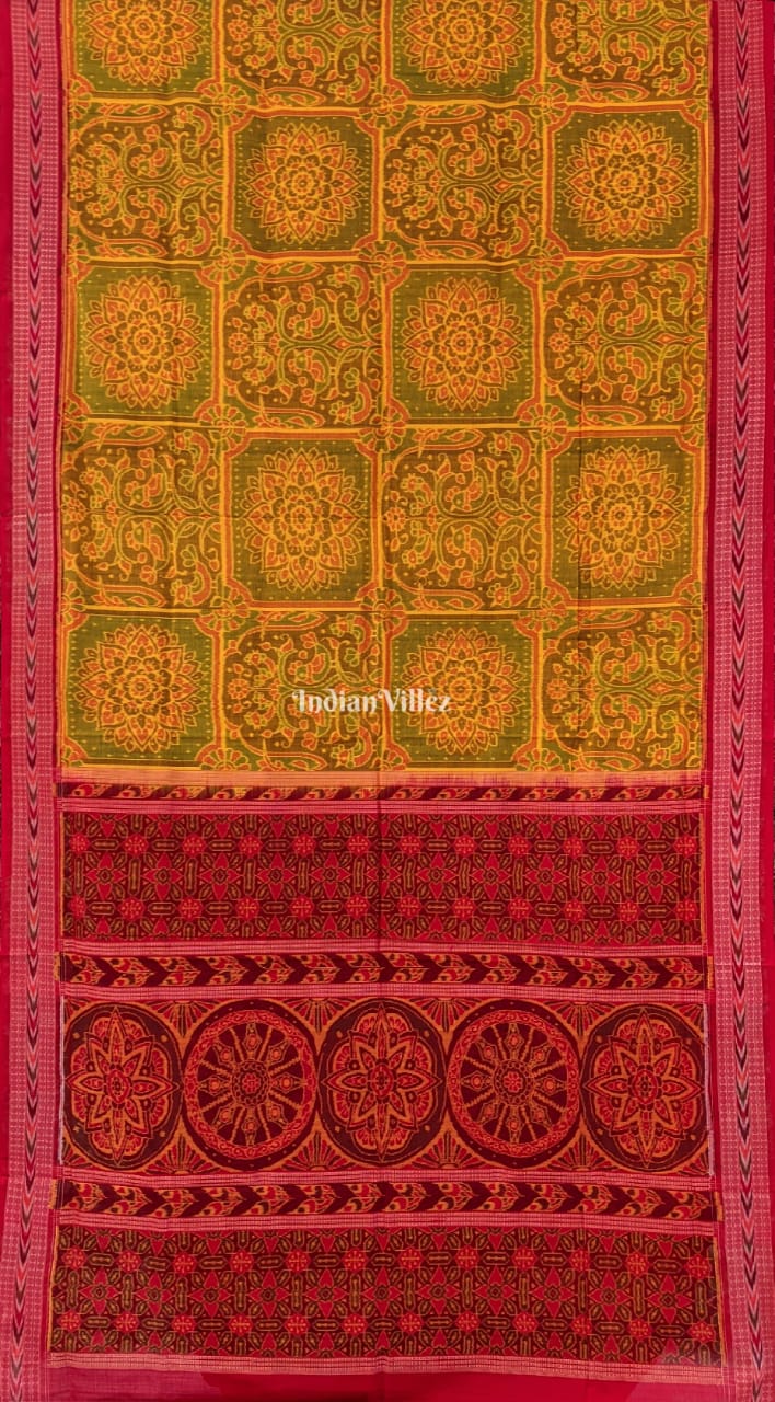 Mehendi Green Flower Design Sambalpuri Pure Cotton Saree