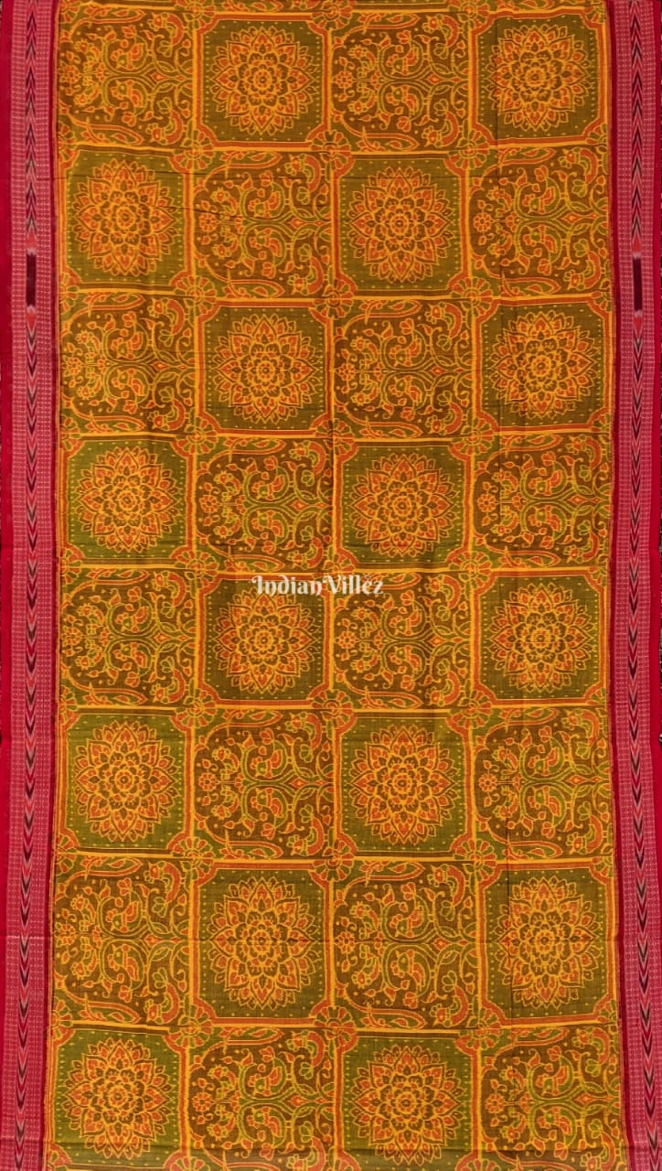 Mehendi Green Flower Design Sambalpuri Pure Cotton Saree