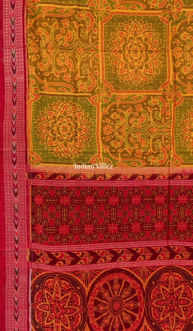 Mehendi Green Flower Design Sambalpuri Pure Cotton Saree