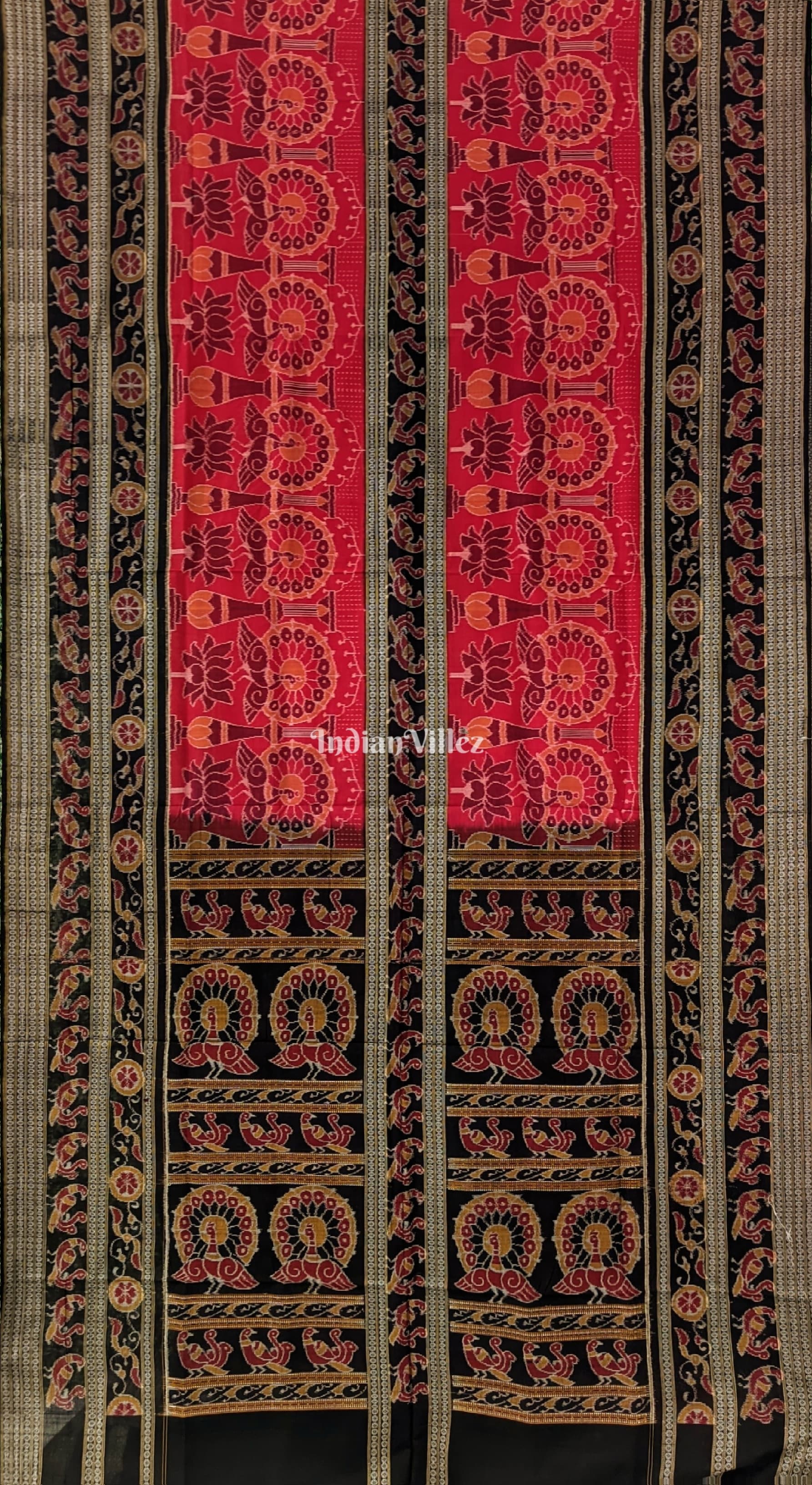 Red Lotus & Peacock Design Sambalpuri Pure Cotton Saree